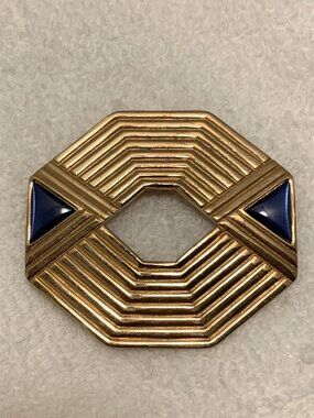 Gallery Originals Vintage Gold Tone Blue Art Deco Brooch